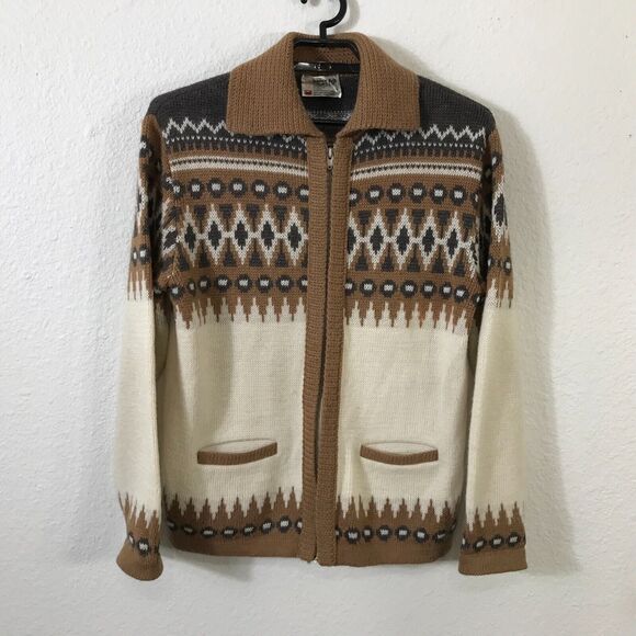 White Ram Vintage 70s Men's Cardigan Sweater M The Dude Geometric Wool Blend - Picture 1 of 11